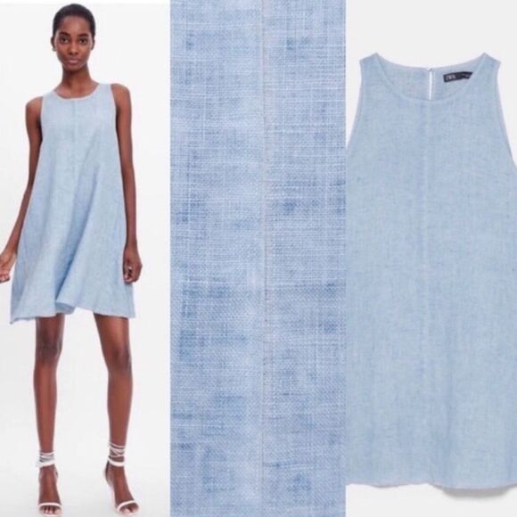 Zara Vela Linen Chambray Blue Raw Hem Swing Shift Sleeveless Dress, Medium - Picture 2 of 11